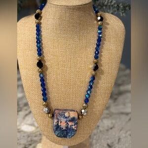 Hand Painted Village Scene Pendant Necklace Blue Faceted Glass Beads 22”